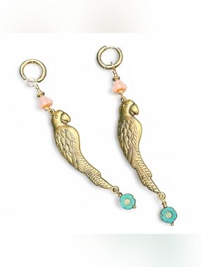 Farm Rio Style Parrot Bird Long Dangle Gold Earrings Handmade Tropical Flower
